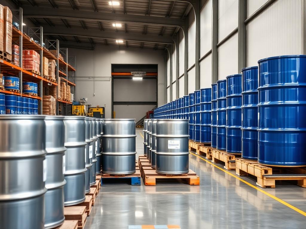 Rows of steel and blue poly industrial drums stacked on pallets in a distribution warehouse