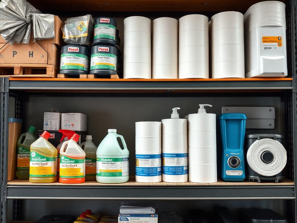 Warehouse shelving stocked with cleaning chemical jugs, paper towel rolls, can liners and wall dispensers