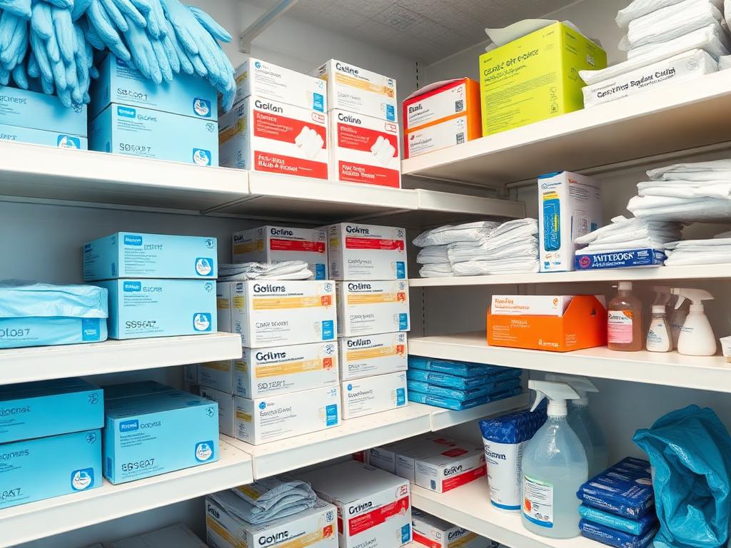 Clinical supply room shelves stocked with nitrile glove boxes, gowns, wipes and sanitizer