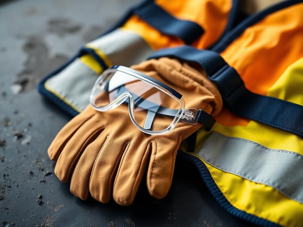 Leather work gloves and clear safety goggles resting on a folded high-visibility safety vest