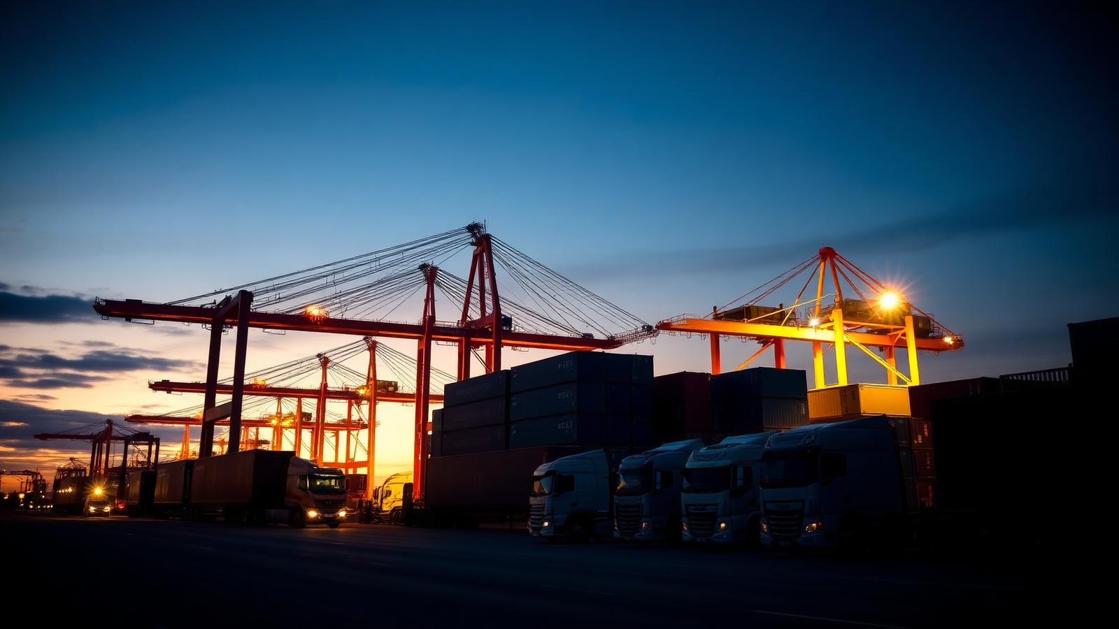 Port container terminal at dusk with cranes, stacked shipping containers and freight trucks